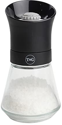 T&G CrushGrind Tip Top Salt Mill with Glass Base, 12.5 cm, Black | Gourmet Fully Adjustable Ceramic Manual Grinder | Shaker | Coarse & Fine | Easy Fill