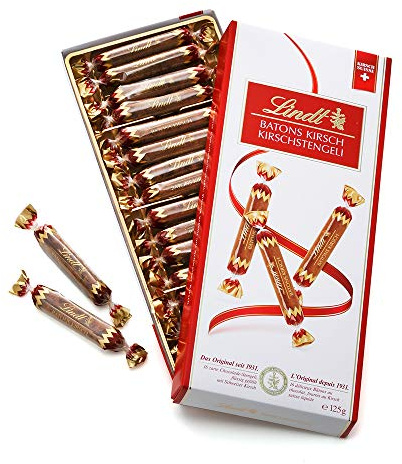 Lindt Schokolade Batons Kirschstengeli | 125 g | 16 Vollmilchschokoladestengli gefüllt mit flüssigem Schweizer Kirschlikör | Pralinengeschenk mit Alkohol | Schokoladengeschenk