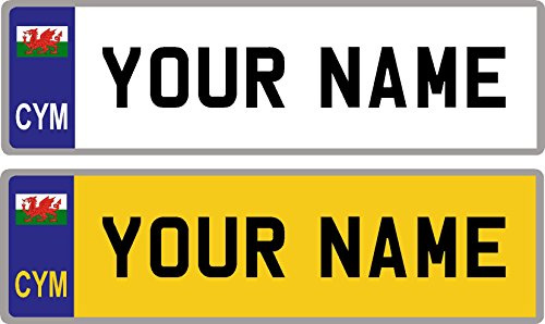 2 x Personalised Self-Adhesive Wales Welsh Flag 14 x 4 cm Number Plate Stickers For Childrens Kids Ride on Car, Bike, Bedroom Doors, Wheelchair, Mobility Scooter by Ellis Graphix