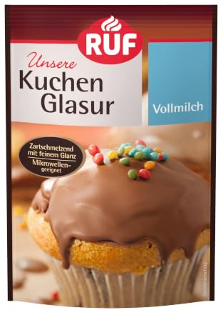 RUF Glasur Vollmilch-Schokolade, 100g im Beutel, mikrowellengeeignet, Kuchendeko für Plätzchen, Torte, Donuts, glutenfrei