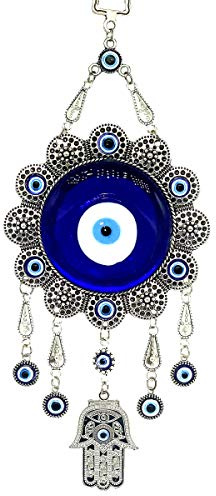 Blue Evil Eye with Hamsa Hand Protection Wall Hanging Ornament Decor Sunflower Design (with a Betterdecor Pouch)-006