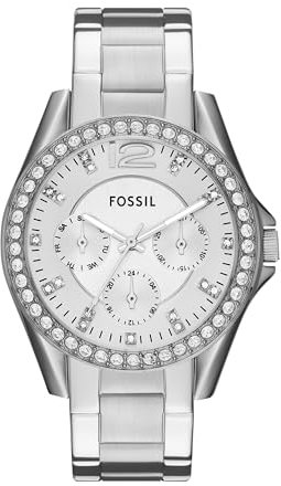 Fossil Damenuhr Riley, QuarzMultifunktionswerk, 38mm Silbernes Edelstahlgehäuse mit Edelstahlarmband, ES3202