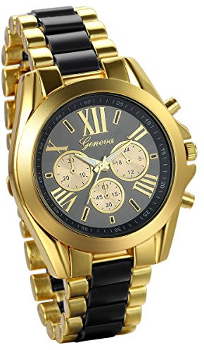 JewelryWe Herren Armbanduhr, Analog Quarz, Business Casual Edelstahl Armband Uhr mit Römischen Ziffern Zifferblatt, Gold Schwarz