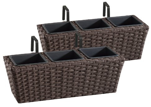 Jardinera para balcón de polyrattan Incluye suspensión y 3 Insertos plásticos, Mocca, 2 Piezas, 47 x 17 x 15 cm