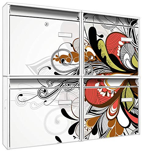 banjado Briefkastenanlage 4 Fach - Postkästen groß - verzinkter Stahl weiß DIN A4 Motiv Ornament 2 - Briefkasten Set 4 Briefkästen Namensschild, 2 Schlüssel, Montagematerial