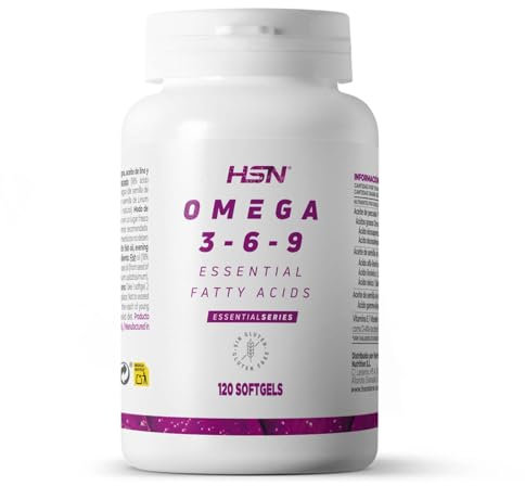 Omega 3 6 9 de HSN | 120 Perlas de Aceite de Pescado, Onagra y Lino | Ácidos Grasos Esenciales: Linolénico + Linoleico + Oleico | Con Vitamina E | No-GMO, Sin Gluten ni Lactosa