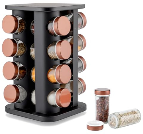 EliteHoff Support à épices pivotant, carrousel avec pots à épices, étagère carrée noire, récipients de stockage d'épices, cuivre (16 pots)