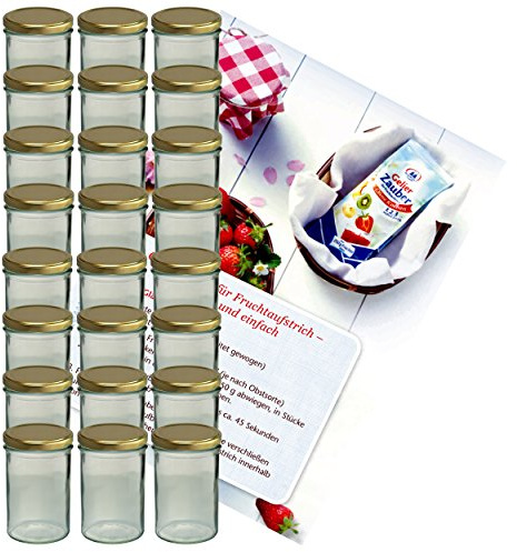 MamboCat 24er Set Sturzglas 435 ml Marmeladenglas Einmachglas Einweckglas To 82 goldener Deckel incl. Diamant-Zucker Gelierzauber Rezeptheft