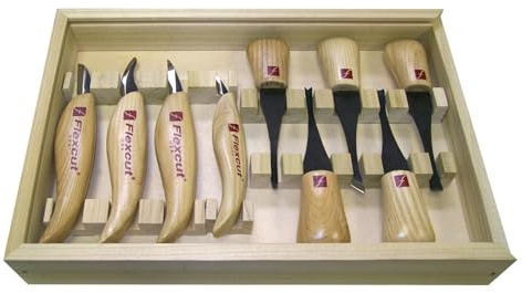 Flexcut Holzschnitzwerkzeuge, Deluxe-Handflächen- und Messer-Set, KN700, inkl. 4 Tranchiermesser und 4 Handflächenwerkzeuge, Messer mit Eschenholzgriffen und Klingen aus 1095 Hartstahl