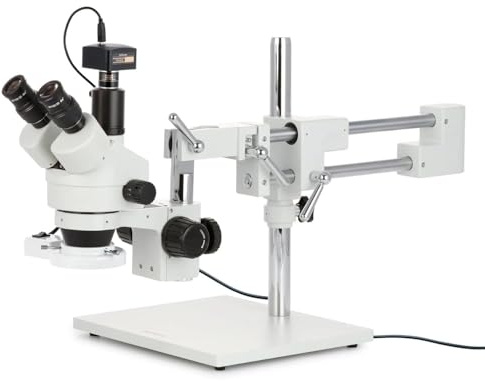 AmScope SM-4TZ-FRL-5M Digital Professional Trinocular Stereo Zoom Microscope, WH10x Eyepieces, 3.5X-90X Magnification, 0.7X-4.5X Zoom Objective, 8W Fluorescent Ring Light, Double-Arm Boom Stand, 110V-120V, Includes 0.5X and 2.0X Barlow Lenses and 5MP Camera with Reduction Lens and Software