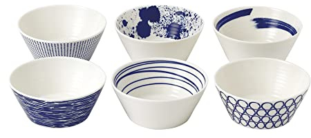 Royal Doulton Bowls, Stoneware, Designed to Mix & Match, 1815 Pacific 11cm/4.5in, Blue Mixed Patterns, Set of 6