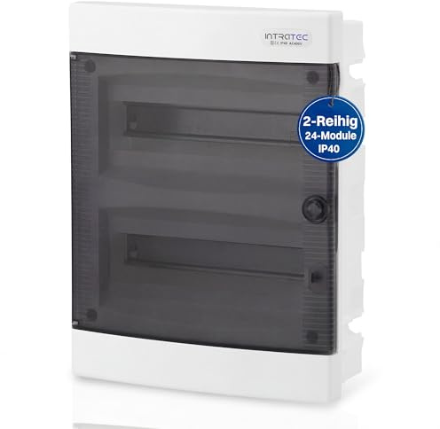 Intratec Sicherungskasten Unterputz 2 reihig – Unterputz Verteilerkasten IP40 für 24 Module mit transparenter Tür und Hutschiene für einfache Elektroinstallation Zuhause & Gewerbe – 357 x 283 x 106mm