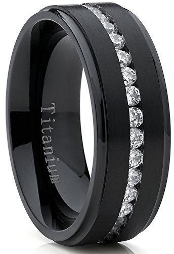 Black Titanium Men's Eternity Wedding Band Ring with Cubic Zirconia CZ, Comfort Fit 8mm SZ 13