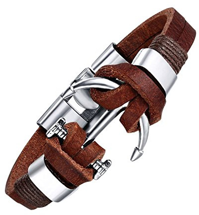 Hanessa Bracelet surfeur en cuir véritable 100 % marron ancre bijoux pour homme en acier inoxydable cadeau de Noël pour petit ami/homme, 22 centimeters, Cuir, Sans pierre.