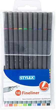 Stylex 32610 - Fineliner im Etui, 10 Stück sortiert in 10 Farben, Strichstärke 0,4 mm, zum Schreiben und Skizzieren, für die Schule, im Büro oder Zuhause