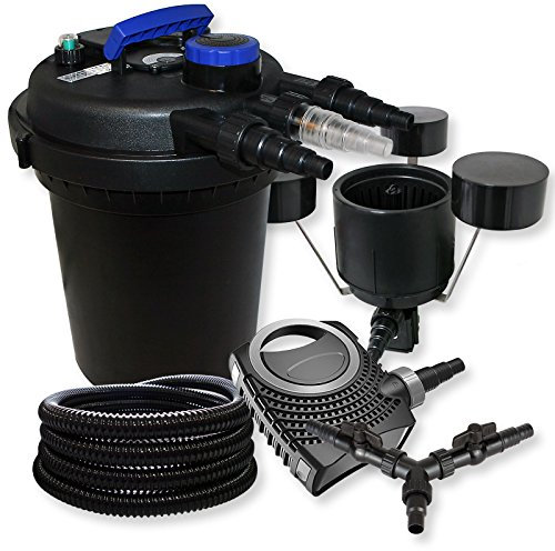 SunSun Kit complet: CPF-250 Filtre de bassin à pression jusqu’à 10000 L avec 11W lampe uv, NEO10000 pompe de filtration 10000l/h 80W, 25m Tuyau 25 mm, CSP-250 Écumeur 2500l/h 45W, Y-distributeur