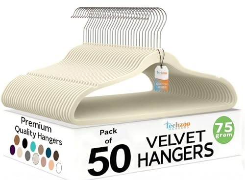 Techzoo 50 Pack New Premium Quality Velvet Hangers Ultra Thin Non Slip Adult Felt Space Saving Hangers for Closet Heavy Duty Coat Pants Jackets Dress Hangers 360° Swivel Hook Hold Upto 10 lbs Ivory
