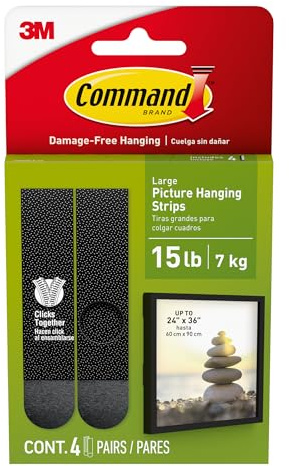 Command Large Picture Hanging Strips - 4 Pairs (8 Strips) Adhesive Strips, Black - Damage Free Hanging - for Posters, Pictures, Frames and Mirrors, Wall Décor and Signs - Holds up to 7.2kg