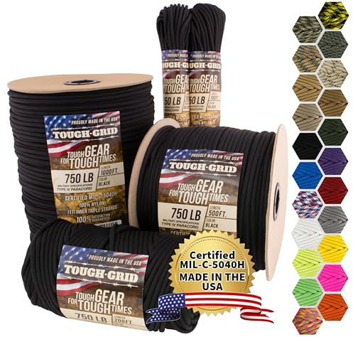 TOUGH-GRID PC200 340kg Paracord - 100% Nylon Militärspezifikationen Typ IV - für Militär, Camping, Kunsthandwerk, Hängematten, Notfälle - Schwarz