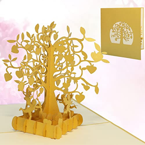 LINPOPUP®, LIN17069, Pop Up Karte Hochzeit 50 goldene Hochzeitstag 3D Karte Hochzeitseinladung Hochzeitskarte Goldhochzeit, Goldene Herzbaum, N85