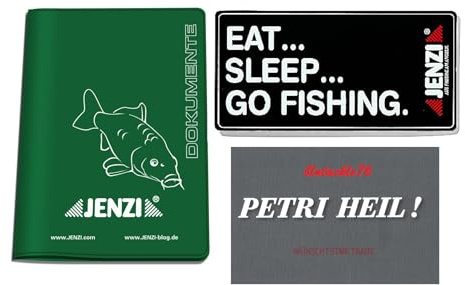 blntackle76 Lot de 2 porte-permis de pêche Jenzi + autocollant gratuit « eat Sleep go Fishing Petri Heil », g, 1, 1 sac, 1 autocollant Eat, 1 autocollant Petri