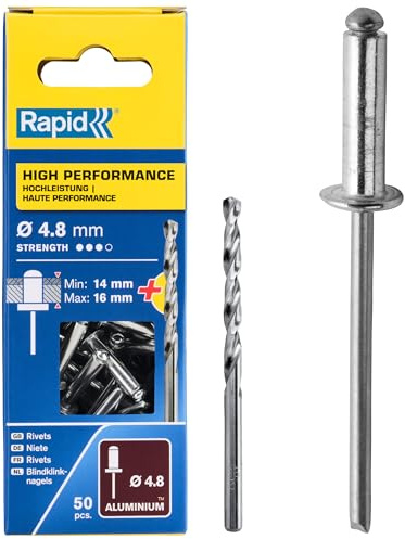 Rapid Blindnieten Aluminium 4,8 x 20 mm, 50 Stk. für Nietzangen | Flachrundkopf aus Aluminium; 14–16 mm Klemmbereich; 4,8 mm Durchmesser; für Metall & Kunststoff; 50 Stück; inkl. Bohrer