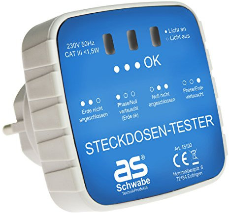 as - Schwabe Connettore spina di prova – Spina diagnostica con spia spia di controllo – Controllo del cablaggio corretto nelle prese di contatto di protezione 230 V – Tester circuito – Bianco/Blu