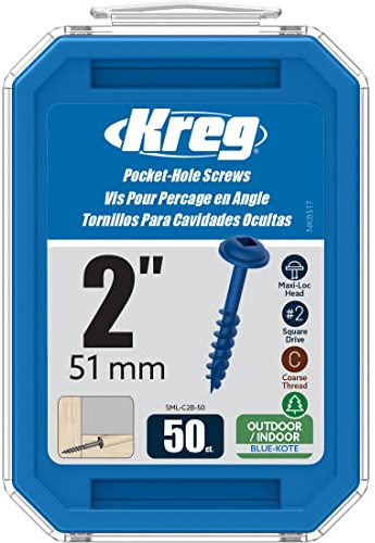 Kreg Blue-Kote Pocket-Hole Screws - SML-C2B-50 - Weather Resistant Pocket Screws - 2-Inch - Coarse Thread - Maxi-Loc Head - Outdoor - 50 Count