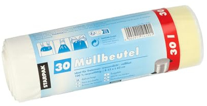 Papstar 1 Karton = 9x30 Müllbeutel zum Zuziehen, LDPE 30 l 62 cm x 53 cm weiss 14199