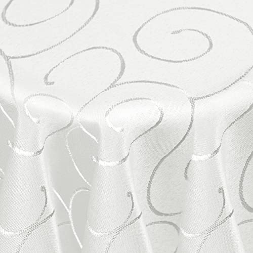 DecoHomeTextil Kringel Tischdecke Oval 130 x 220 cm Weiß | schwere Qualtität, glänzend, Ornamente, Damast Tafeldecke