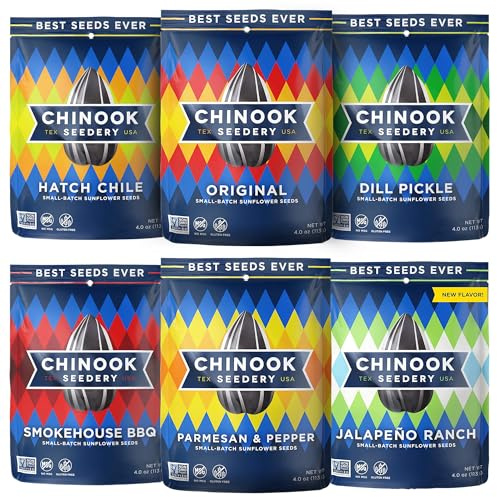 Chinook Seedery Flavored Sunflower Seeds Variety Pack of 6, 4oz – Sunflower Seeds to Eat – Keto, Low Sodium, Jumbo, Roasted, Baseball Snacks