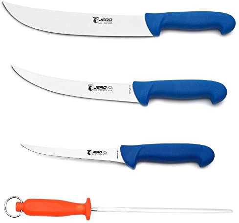 Jero 4 Piece P3 Butcher Meat Processing Set, Cimeter, Breaking, and Boning Knives - Includes Mundial Sharpening Steel