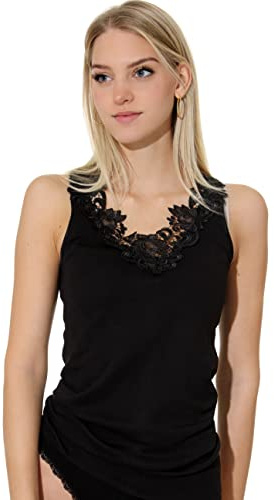 Camiseta para mujer, de algodón peinado con encaje extragrande, sin costuras laterales negro 50