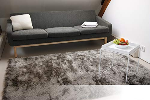 floor factory Exklusiver Hochflor Shaggy Teppich Satin Silber/grau 140x200 cm - edler, seidig glänzender Teppich