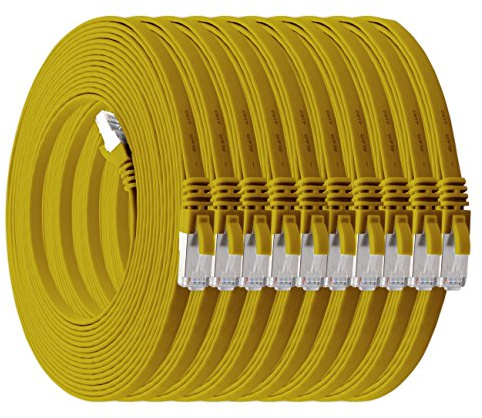 1aTTack.de 1m - gelb - 10 Stück Cat7 Flachkabel Netzwerkkabel Cat 7 Rohkabel Gigabit Lan (10Gbit/s) Flachbandkabel Verlegekabel Patchkabel Flach Slim Rj 45 Stecker Cat6a