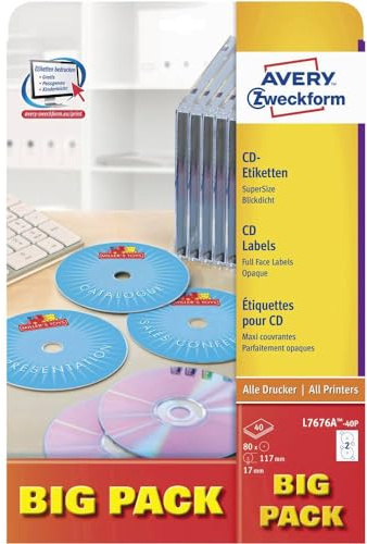 AVERY Zweckform L7676A-40P selbstklebende CD-Etiketten (80 blickdichte CD-Aufkleber, Ø 117mm auf A4, SuperSize, Papier matt, bedruckbare Klebeetiketten für alle A4-Drucker) 40 Blatt, weiß