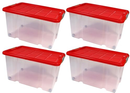BigDean 4x XL Eurobox mit Deckel und Rollen 60x40x32,5 cm Aufbewahrungsbox | Stapelbox Deckel rot