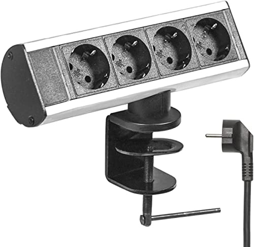Elbe Inno® Tischsteckdose für die Arbeitsplatte (4 Steckdosen), Mehrfachsteckdose für Küche und Büro, Steckdosenleiste aus Aluminium in schwarz-grau Optik