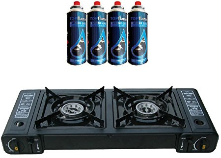 Topflame Portable Gas Stove - Dual Burner Double Hob Camping Cooker + 4 Butane Gas Refills
