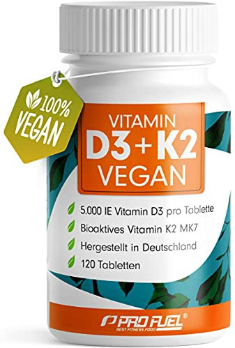 Vitamin D3 K2 VEGAN - 120 Tabletten mit 5000 IE D3 + 200 mcg K2 (MK7) - Vitamin D3 optimal hochdosiert und vegan - reicht für 19 Monate - laborgeprüft mit Zertifikat
