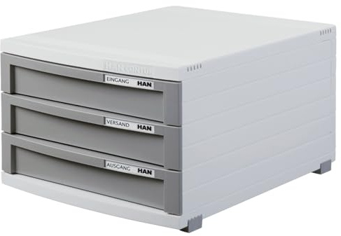 HAN Schubladenbox CONTUR – modernes und modular erweiterbares Schubladensystem, mit 3 geschlossenen Schubladen bis Format DIN B4, lichtgrau-dunkelgrau, 1503-19, 3 Schubladen