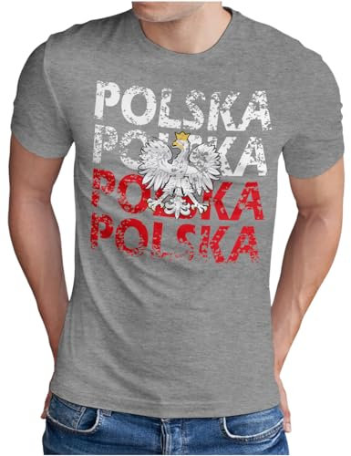 OM3® Polska T-shirt | Män | Polen lagtröja Poland flagga fotboll EM fanshirt II | S – 5XL, Ljunggrå, XXL