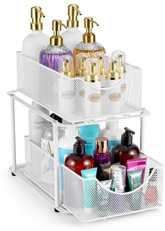 Sorbus Organiseur et rangement sous lavabo à 2 niveaux avec tiroirs coulissants en maille d'acier robuste pour un rangement amélioré de la salle de bain Blanc