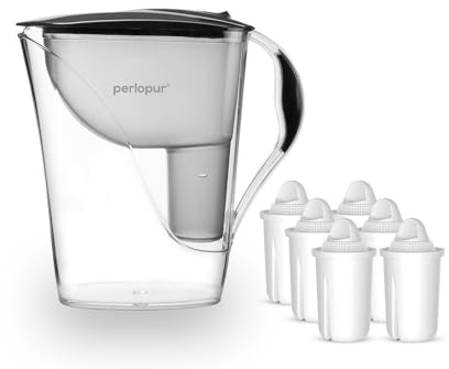 perlopur® Wasserfilter Fashion (anthrazit) +6 Filterkartuschen Universal | 3,3 l ges., 1,6 l gefiltert, Einfüllverschluss, BPA-frei, für classic Kartuschen, reduziert Kalk, Chlor & andere Schadstoffe