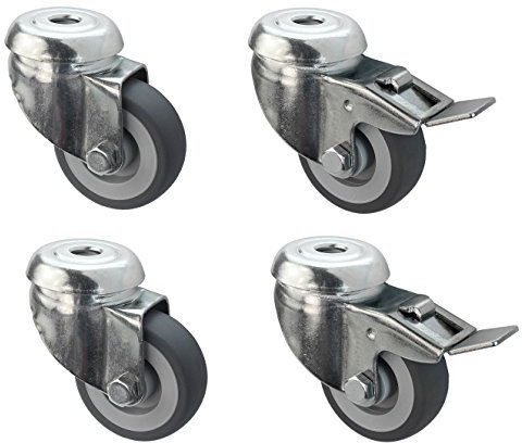 Satz Apparaterolle Lenkrolle mit ohne Bremse 50 mm ohne Feststeller Gummi grau-spurlos Rückenloch Möbelrolle Transportrolle