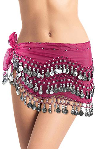AK TRADING CO. Belly Dance Hip Scarf with Silver Coins – Chiffon Belly Dancing Skirt Sash for Costumes, Performances & Festivals