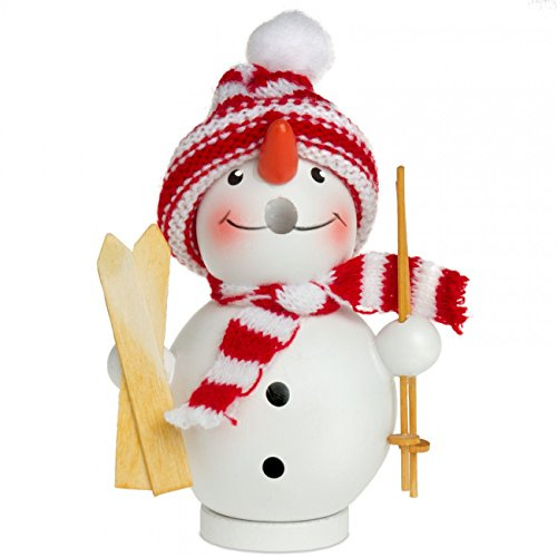 SIKORA Dicke Räuchermännchen aus Holz Weihnachtsfigur Deko Räucherfigur - RM-D, Farbe/Modell:D01 weiß - Schneemann mit Skiern in der Hand, Höhe in cm:Höhe ca. 12.5 cm