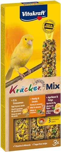 Vitakraft Kräcker Mix, snack uccelli, bastoncini da sgranocchiare, con uovo e semi da prato, con albicocca e fico, con miele e sesamo, per la cura del becco, senza zuccheri aggiunti (1x 80g)