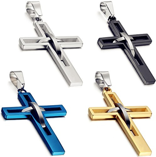 Flongo Kreuz Kette Herren Anhänger: schwarz silber gold blau Kreuzkette Männer Halskette Edelstahl Kettenanhänger kruzifix jesus Schmuck massiv Ostern Weihnachten Geschenk für Damen Frauen 54cm lang