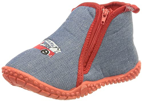 Playshoes Kinder Hausschuhe mit praktischem Reißverschluss Feuerwehr-Motiv,26/27 EU, Blau Jeansblau